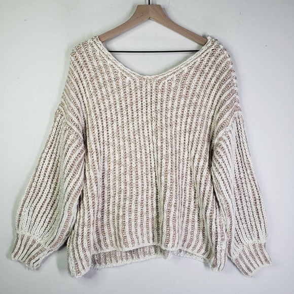 POL Chunky Knit Oversized Sweater S Tan‎ Ivory V-Neck Slouchy - Picture 6 of 9